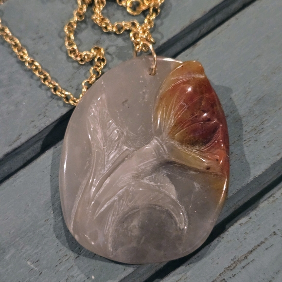 Vintage Carved Jade Floral Pendant On 18KT GF Chain Necklace